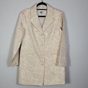 Chicos Brocade Button Up Pea Coat Jacket Size Large Gold Metallic Long Classic